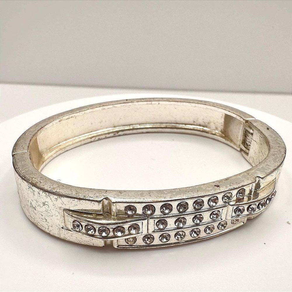 Vintage 90s Silver Tone Rhinestone Bangle Bracelet Hinged Statement Glam Jewelry